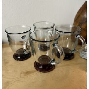 Vintage Anchor Hocking Clear & Cranberry Glass CoffeeCoco Mugs Set Of 4, Stamped